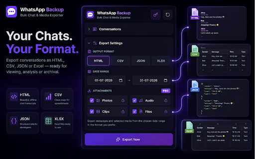 WhatsApp Bulk Chat Backup & Export :: Bulk export WhatsApp chats to HTML/CSV/Excel/JSON. Filter by date range & download media. Fast, private, 100% local.