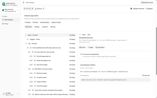 WCAG Audit Tool :: Audit web pages for WCAG 2.2 AA issues, inspect page structure and focus order, and synchronize accessibility reports.