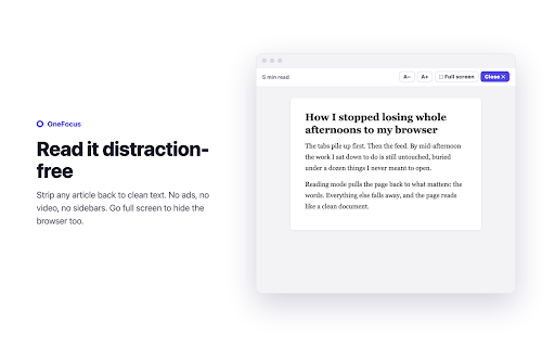 OneFocus :: One calm toolbar for focus: a timer, tab and window limits, feed and ad blocking, and distraction-free reading.