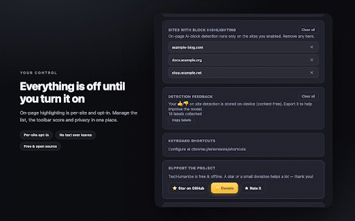 TextHumanize — AI Text Humanizer :: 100% offline text naturalizer: humanize AI-style writing, check AI probability, strip hidden watermarks — on any page. 25 languages.