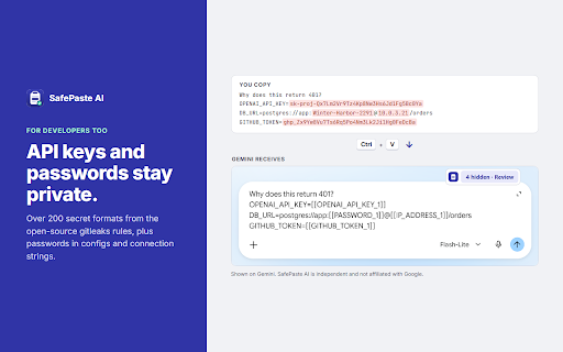 SafePaste AI :: Locally redacts sensitive data before pasted text reaches supported AI chat websites.