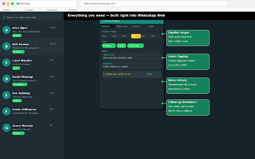 WhatsApp Web CRM™ :: CRM for WhatsApp Web — tag contacts, pipeline stages, notes, follow-up reminders, search & CSV export. Data stored locally.