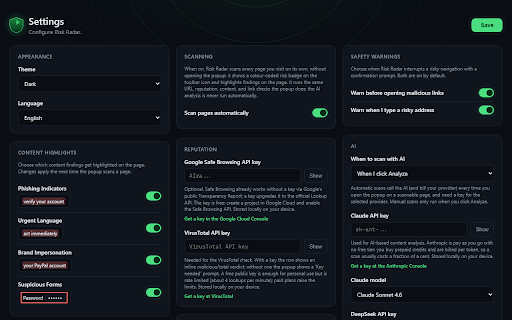 Risk Radar :: Analyzes website trustworthiness and risk while browsing, detecting phishing, social engineering, and manipulative content.