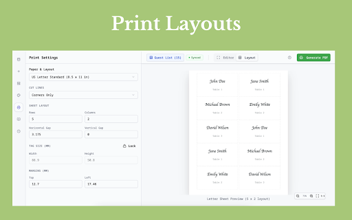 Place Card Maker V2 :: Standalone Chrome extension for creating, previewing, and printing place cards from guest lists.