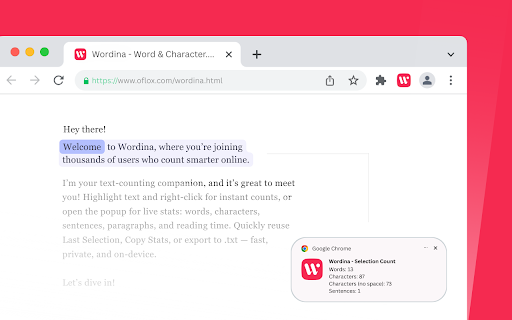 Wordina — Word & Character Counter :: Wordina — All-in-one Word Counter extension with read time, Last Selection, Copy, and .txt export option.