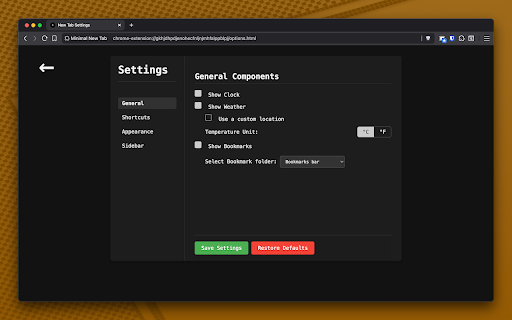 Minimal New Tab :: A minimal, new tab page with clock, weather, and bookmarks with theme support