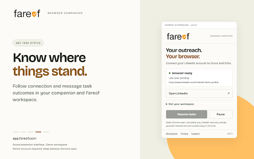 Fareof Browser Companion :: Connect your LinkedIn session to Fareof. Your password never leaves Chrome.