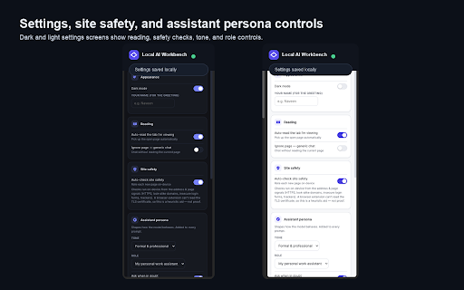 Local AI Workbench :: On-device AI side panel for Chrome: summarize pages, read documents, draft text, and keep private local notes.