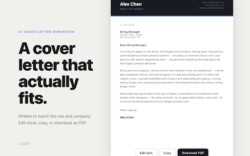 CvBFF — AI Resume & CV Builder :: AI resume & CV builder for job applications. Paste a job posting and get a tailored resume, cover letter, and fit score in seconds.