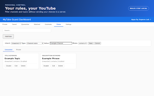 MyTube Guard - YouTube Filter & Vault - Block Channels, Shorts, Keywords :: Block channels, hide Shorts, filter keywords, and save videos in a PIN-protected vault. A modern, privacy-first YouTube blocker.