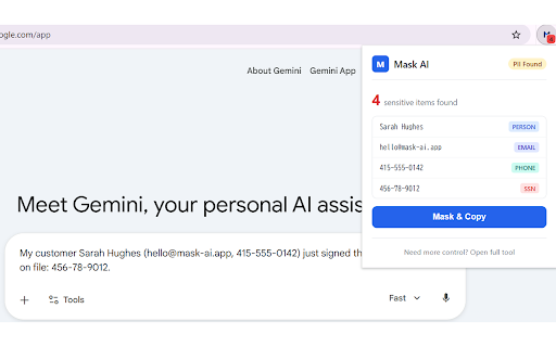 Mask AI - PII Detection for AI Chatbots :: Detect and mask sensitive data before pasting into ChatGPT, Claude, or Gemini. 100% client-side.