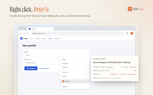 Brief Cloud :: Record a bug, hit stop. Brief Cloud writes the ticket and files it to your Linear or Jira automatically. No local agent.
