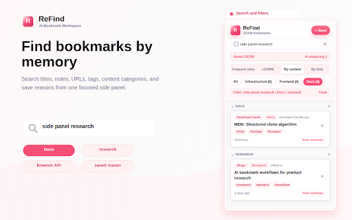 ReFind - AI Bookmark Manager :: Import browser bookmarks, save web pages in one click, and quickly search your saved knowledge.