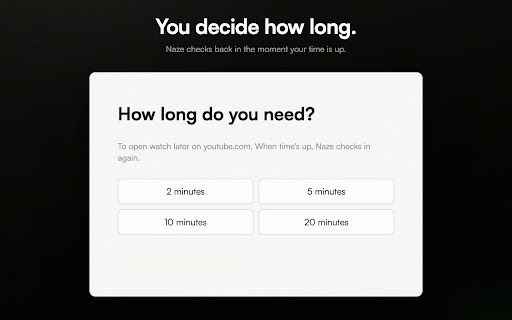 Naze: Mindful Website Blocker :: A mindful social media blocker and focus extension: pause, state why, set a time limit, and stop mindless browsing