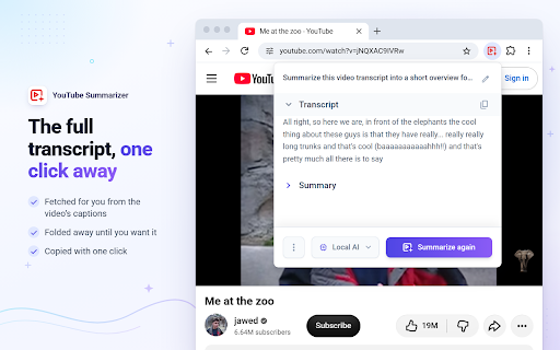 YouTube Summarizer: AI Video Summary & Transcript, Free, No API Key :: Free AI YouTube summaries and transcripts. Private on-device AI, or send to ChatGPT, Gemini or Claude. No API key, no sign-up.