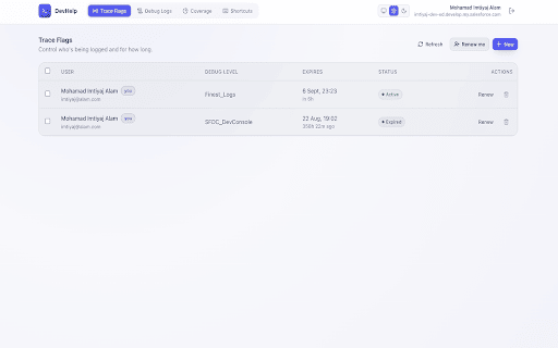 Salesforce DevHelp :: Fast trace flag management and a beautiful, color-coded Salesforce debug log viewer.