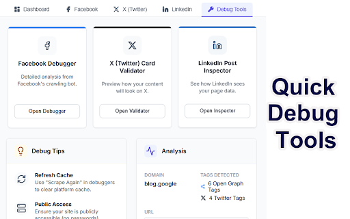 Social Share Preview and Debugger :: Preview & debug how pages appear on Facebook, Twitter/X, LinkedIn. Detect duplicate tags & missing social metadata instantly.