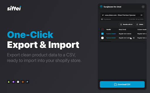 Siftei - AI Product Scraper for Shopify :: Effortlessly scrape product data from any store with AI and import it into Shopify & other platforms.