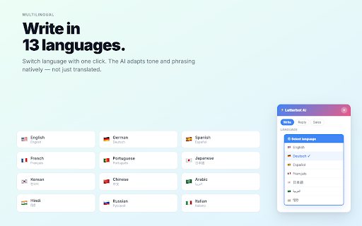 Letterbot AI :: AI email assistant — generate emails, replies, subject lines, summaries, and grammar fixes in 13 languages.