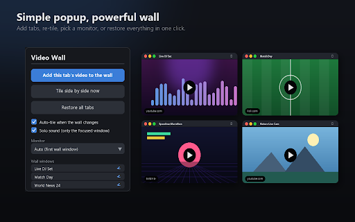 Video Wall :: Pop videos out of their tabs into clean floating windows and tile them side by side - your own multi-stream video wall.
