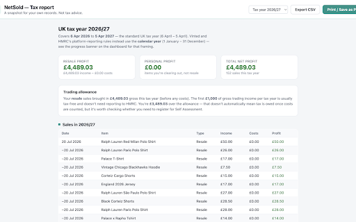 NetSold — Profit & Tax Tracker for Vinted :: Track true profit on your Vinted sales and HMRC reporting thresholds. Unofficial: not affiliated with Vinted.