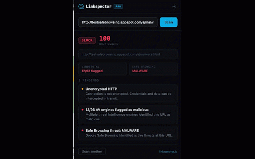 Linkspector :: Check any link for phishing, malware, and 30+ threat signals before you click.