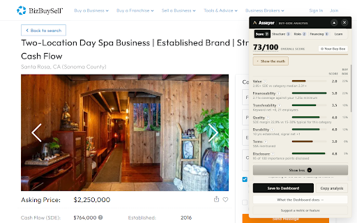 Assayer: SBA Deal Analysis for Business Buyers :: Assay business-for-sale listings: multiples, SBA capital stack, DSCR, and a fit score against your own buy box. Free.
