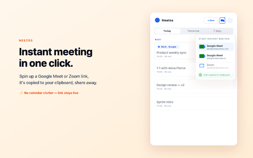 Meetos :: A unified meeting timeline with one-click join across Google and Microsoft calendars.