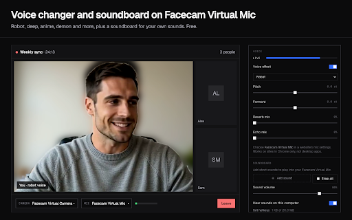 Facecam: AI Virtual Camera & Voice Changer for Meet, Zoom, Discord :: Live AI filter, face swap, voice changer and soundboard for Meet, Zoom and Discord in Chrome. Free voices and VTuber. No GPU needed.