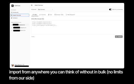 NLM Studio — Power Tools for NotebookLM :: Bulk import sources, manage multiple accounts, and supercharge your NotebookLM workflow. URLs, YouTube, PDFs & more.
