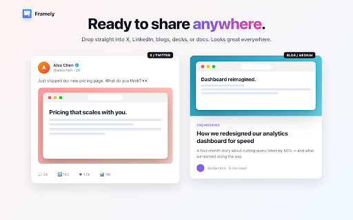 Framely: Stylish Browser Frames :: Framely: Transform screenshots into professional mockups with browser frames. Perfect for product demos and social sharing.