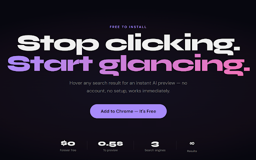 Glance — AI Search Previews :: Hover any search result for an instant AI summary. No clicking. No switching tabs. Just hover.