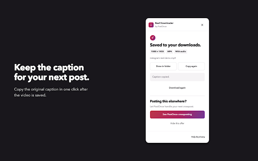Reel Downloader – Video, Reels & Photo Downloader for Instagram :: Reel downloader for Instagram: Reels with sound, photos as JPG, every carousel slide. Button next to Share. No sign-up, no limits.