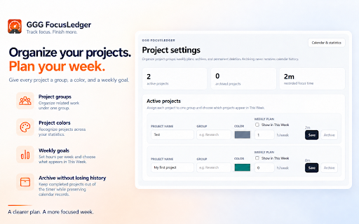 GGG FocusLedger :: Pomodoro focus timer for projects, with flexible work intervals, breaks, calendar statistics, and cross-device sync.
