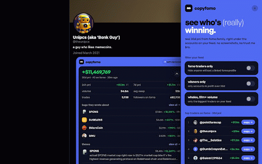 copyfomo — trader PnL on X :: Real 30-day trading PnL from fomo.family under the X accounts of known traders. Independent, not affiliated with fomo.