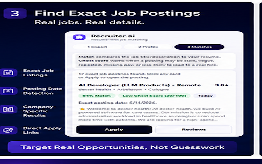 Recruiter.ai :: Resume-first job matching with exact job cards, match score, ghost-job warning, and workplace links.