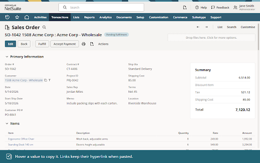 NetSuite Copy Fields :: Copy NetSuite field labels, values, or IDs on hover. Toggleable Hover to Copy mode with optional keyboard shortcut.