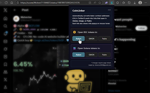 CoinLinker :: Converts SOL/BSC token addresses in X posts into quick links that open in Axiom/Gmgn/Padre. Links show info card on mouse hover.