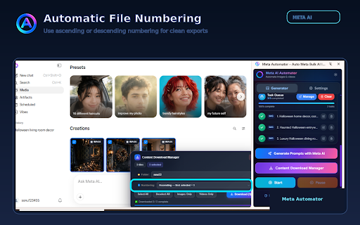 Meta Automator – Auto Meta Bulk AI Image & Video Generator (Free) :: Automate Meta AI video and image generation. Bulk create AI videos and images with custom settings.
