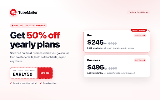 TubeMailer - YouTube Email Finder :: Find business emails from YouTube creators and export them to CSV, Excel & more. Search by keyword or category.