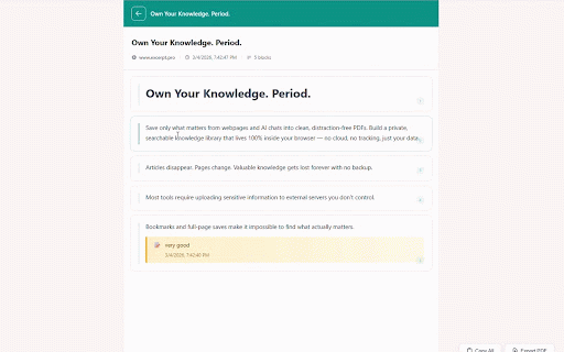 Web Clipper & Highlighter to PDF - Excerpt :: Privacy-first web clipper & Clip ChatGPT chats.Clip text or images into a searchable local library.Tag,annotate & export clean PDFs.