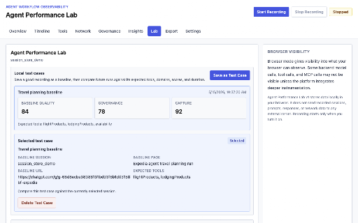 Agent Performance Lab :: Browser DevTools for observing, testing, and governing AI agent workflows.