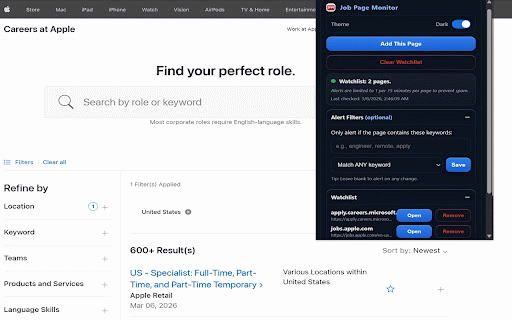 Job Page Monitor — Fast Alerts for New Tech Jobs :: Watch career pages in one click and get notified when listings change. Watchlist + keyword filters + dark mode.