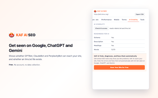 KAF AI SEO — On-Page Inspector :: Inspect any page's SEO: meta tags, canonical, hreflang, structured data, headings, links, images. Runs entirely in your browser.