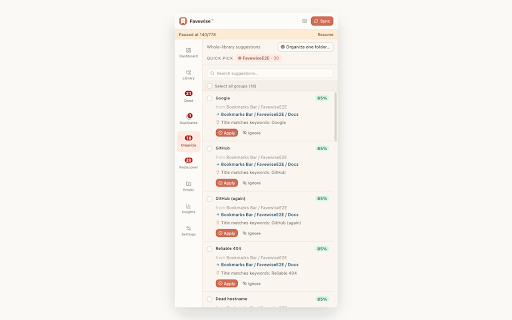 Favewise - Bookmark Cleaner & Organizer :: Make bookmarks useful again. Find dead links, duplicates, empty folders, and forgotten bookmarks. Local-first, no tracking.