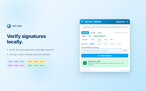 JWT Vault - Decode, Verify & Debug Tokens :: Decode JWT tokens locally, verify signatures & debug claims. Live expiry + encrypted vault. Tokens never leave your browser.