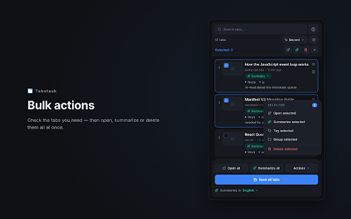 Tabstash :: Сохраняйте открытые вкладки со скриншотом, тегом и заметкой, ищите и сортируйте их в боковой панели.