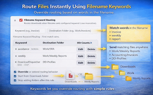 Download Dispatcher — Download Organizer :: Automatically route and organize downloads into folders by website, file type, keyword, or category.