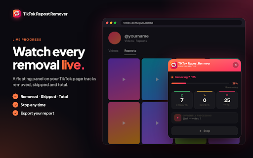 TikTok Repost Remover — Bulk Unrepost :: Remove all your TikTok reposts in one click. Bulk unrepost videos with keyword filter, live progress and export. No login needed.