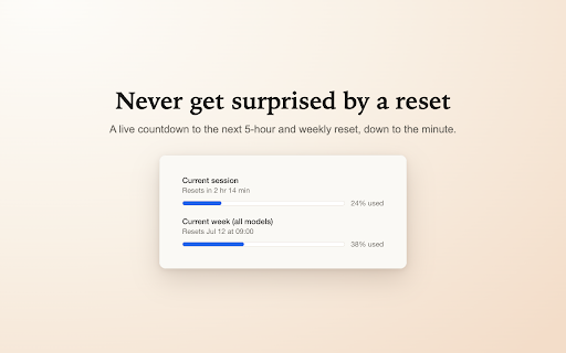 Claude Code Usage :: Track claude code usage at a glance: session and weekly limits, a reset timer, and a live toolbar gauge — zero clicks needed.